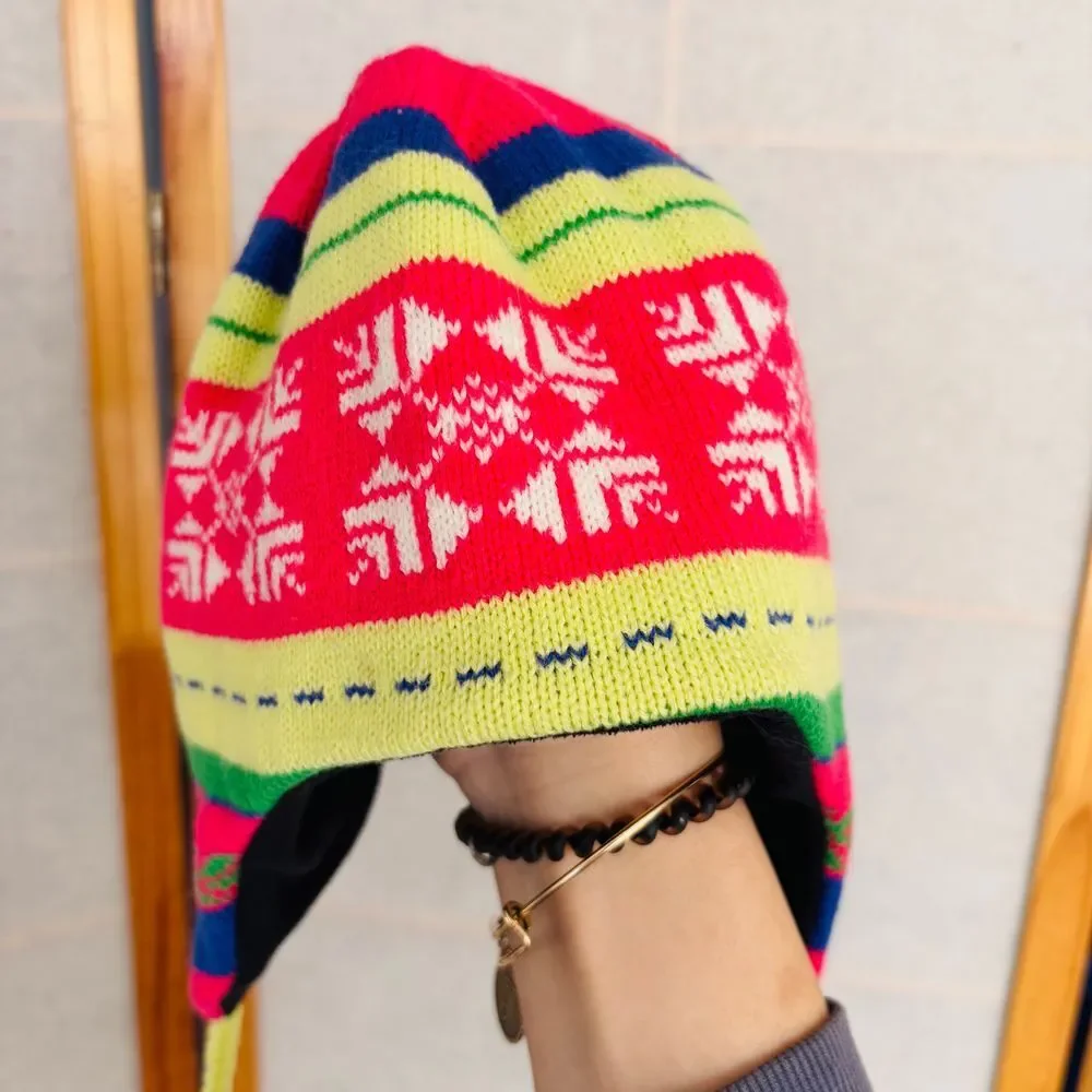 Columbia Winter Youth Knit Hat Fleece Lined Tassels Ear‎ Flaps Fair Isle Nordic